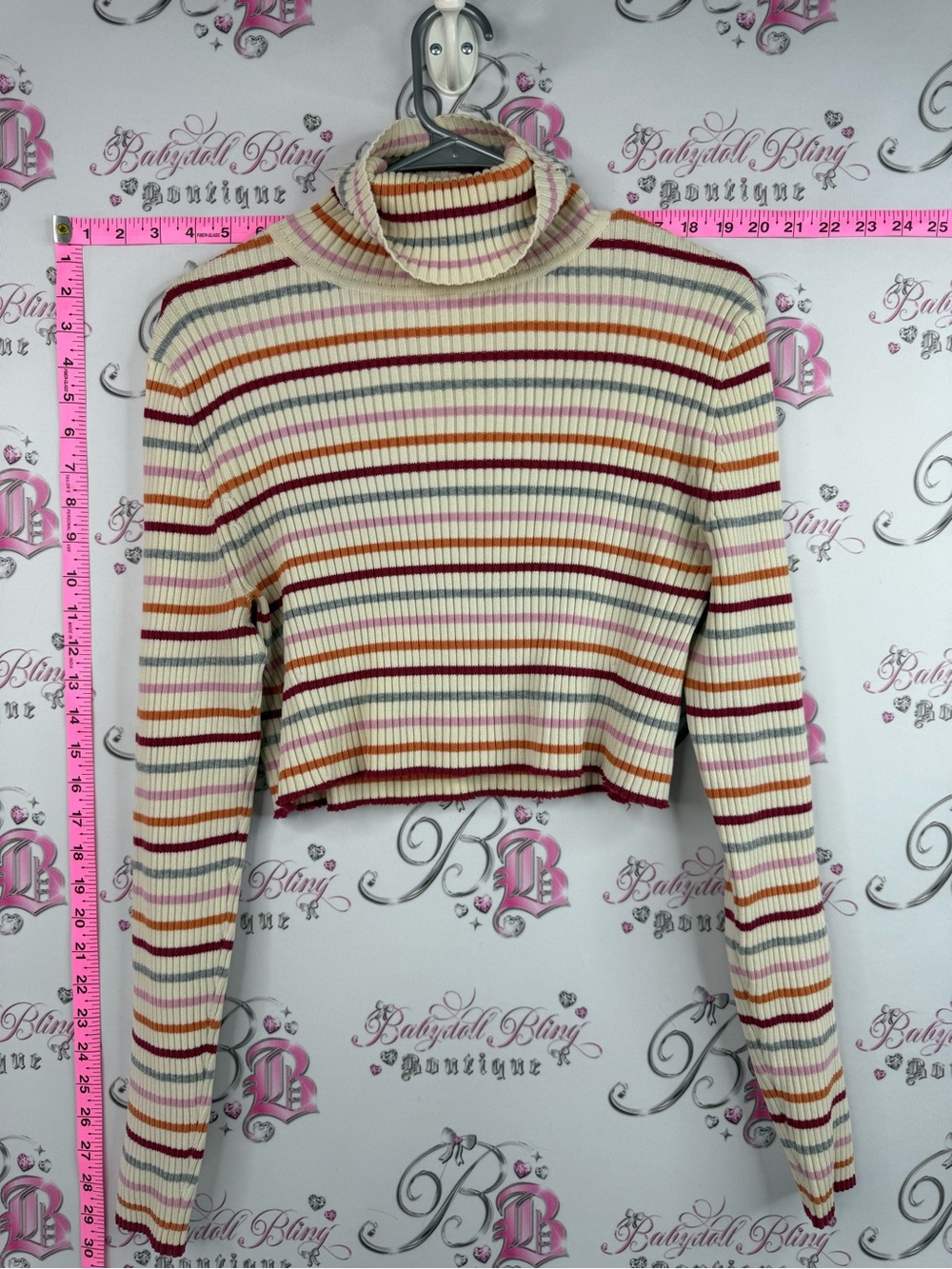 GAP Cream Ribbed Turtleneck Crop Sweater with Red, Orange, Yellow & Blue Stripes